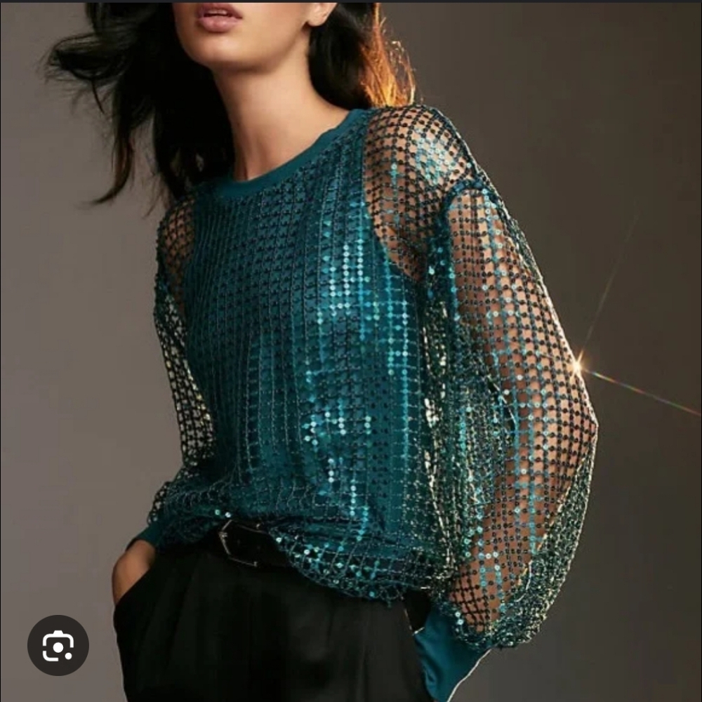 Anthropologie Pilcro Long-Sleeve Sequin Shine Top In Turquoise NWT